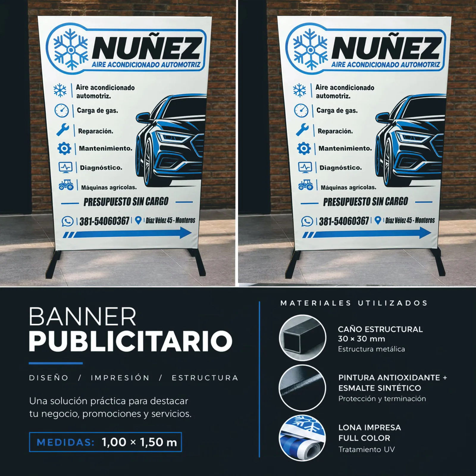 Banner publicitario blanco y azul de un taller de aire acondicionado automotriz, con estructura metálica de pie, fotografiado de frente y de costado, junto a la ficha de materiales