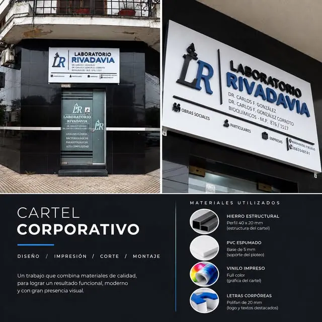 Ficha de un cartel corporativo que resume el proceso: diseño, impresión, corte y montaje