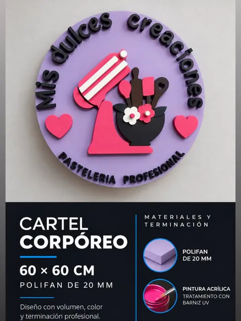 Cartel circular lila de 60 por 60 centímetros con logo y letras en capas de polifan, y la ficha de materiales