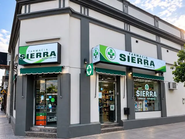 Esquina de una farmacia con dos carteles luminosos verdes y blancos y vinilos en las vidrieras