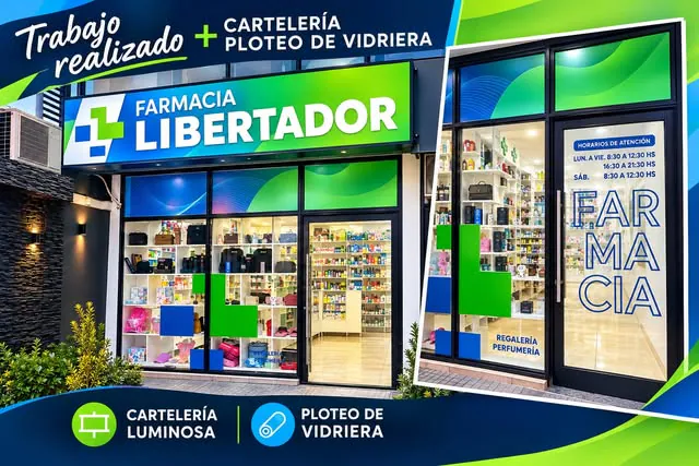Vidriera de una farmacia con un vinilo impreso que muestra los horarios de atención