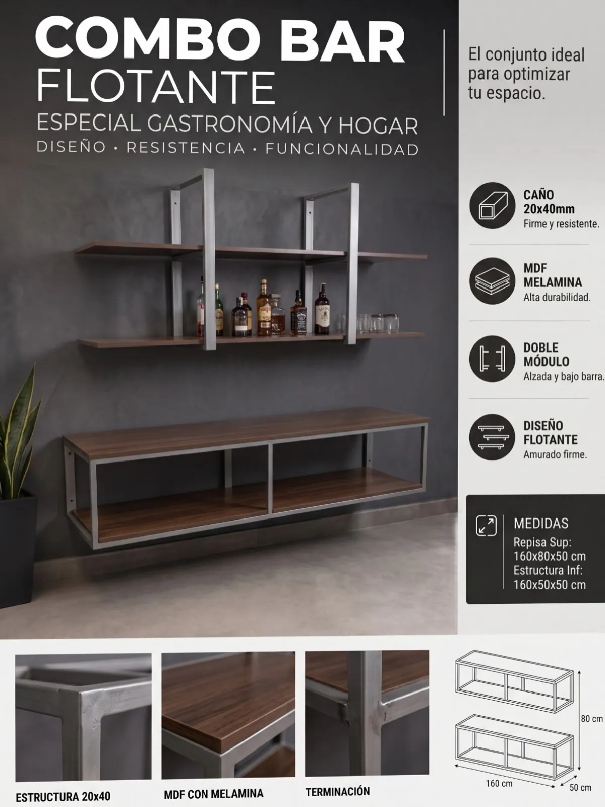 Ficha de producto de un combo bar flotante: una repisa superior de dos niveles con botellas y vasos y un módulo bajo barra, ambos de caño de hierro con tapas de melamina, amurados a la pared