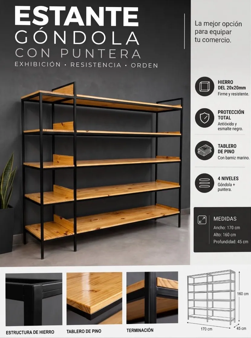 Ficha de producto de un estante góndola de hierro negro con estantes de pino barnizado y puntera con divisiones, de 170 centímetros de ancho, 160 de alto y 45 de profundidad