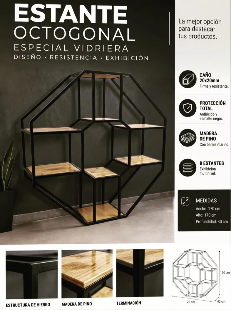 Ficha de producto de un estante octogonal de caño negro con ocho estantes de pino barnizado, pensado para vidrieras, de 170 por 170 centímetros y 40 de profundidad